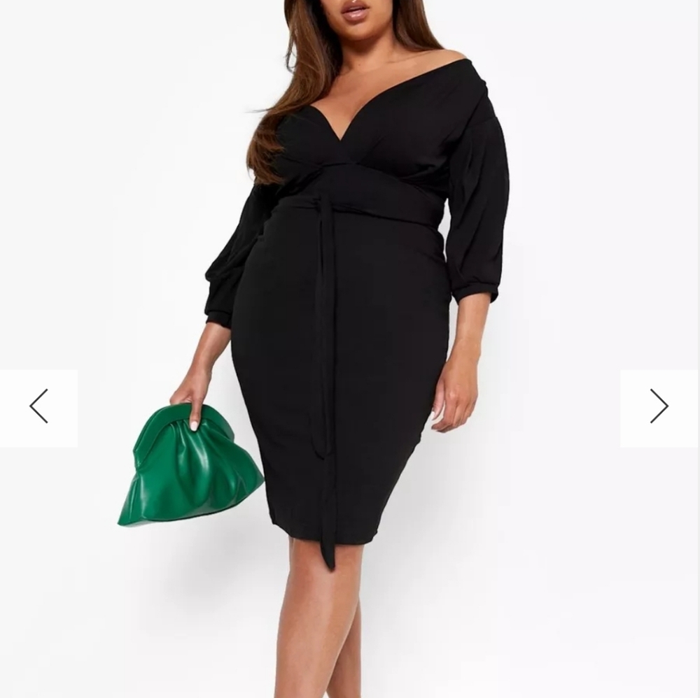 Boohoo off shoulder wrap midi dress